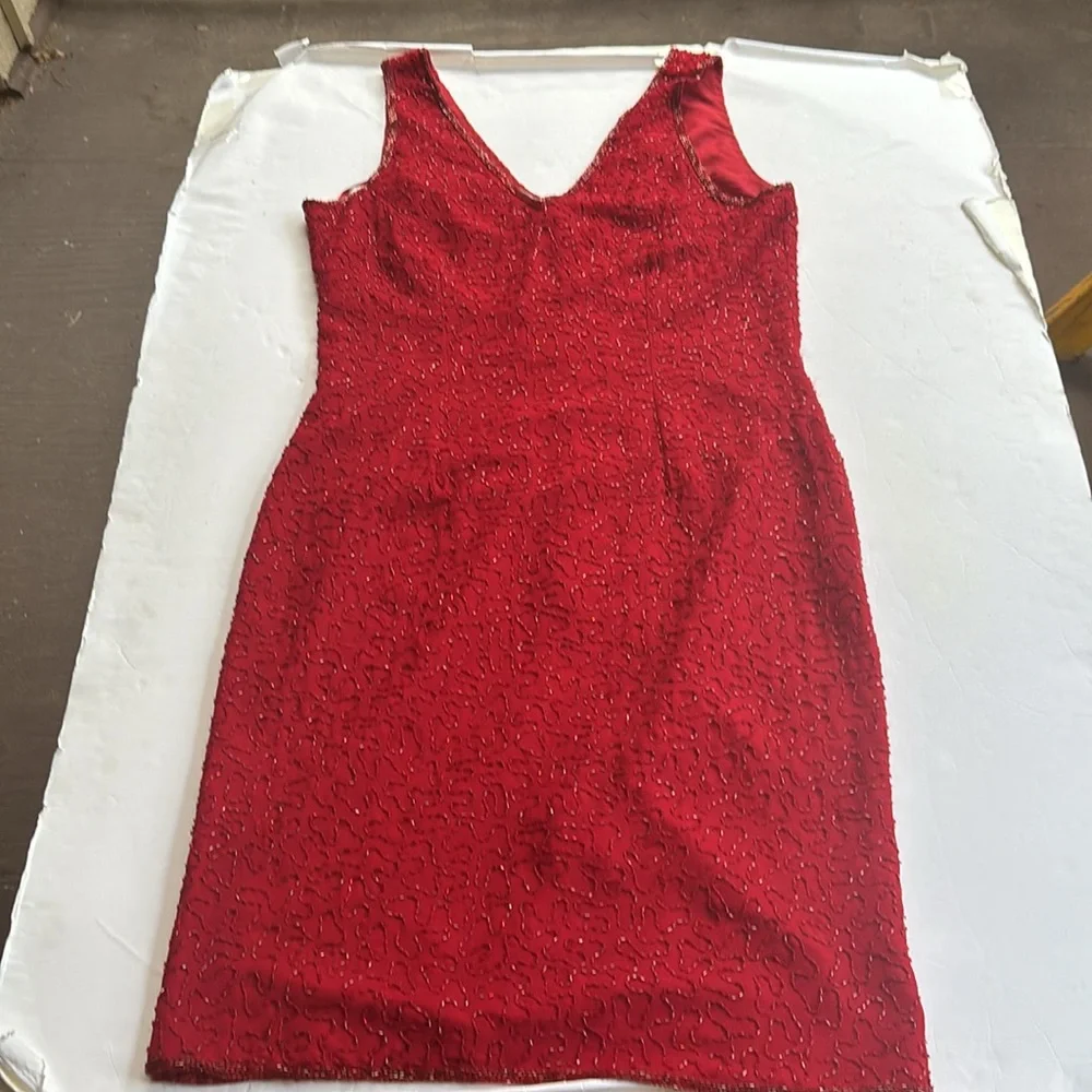 Vintage J Kara 90 2000 Beaded Short Gown Dress Flapper Red Medium y2k Nordstrom - Picture 3 of 17